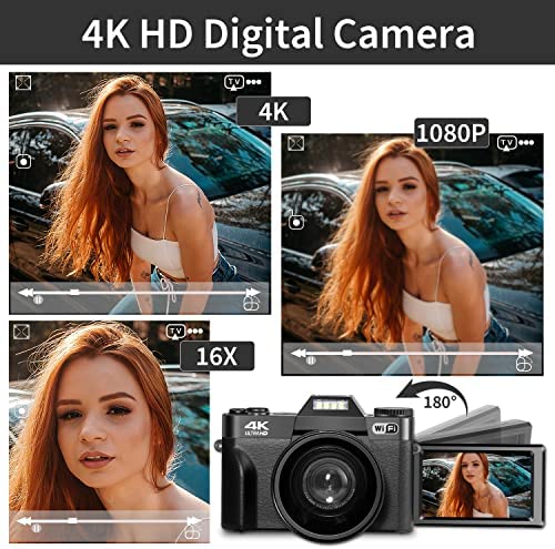 Digital Camera 4K 48MP WIKICO 16X Digital Zoom Vlogging Camera for Photography with WiFi, 3.0" IPS 180°Flip Screen, Wide Angle Lens, Macro Lens, 32GB SD Card, 2 Batteries (Straight Wide Angle Lens) 2