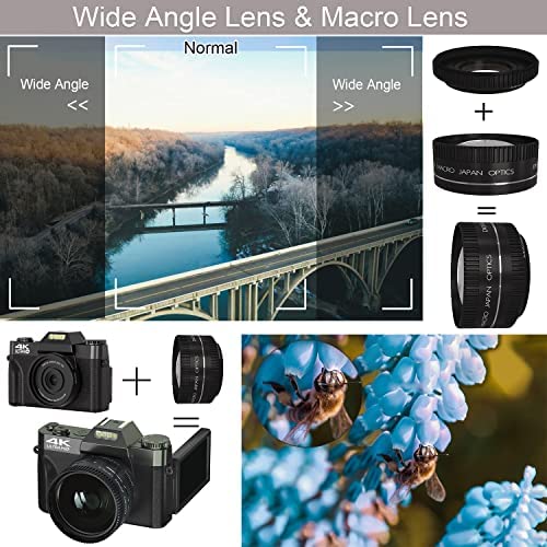 Digital Cameras for Photoggraphy, 4K Vlogging Camera for YouTube with Built-in Fill Light, 16X Digital Zoom, Manual Focus, 52mm Wide Angle Lens & Macro Lens, 32GB TF Card and 2 Batteries 5