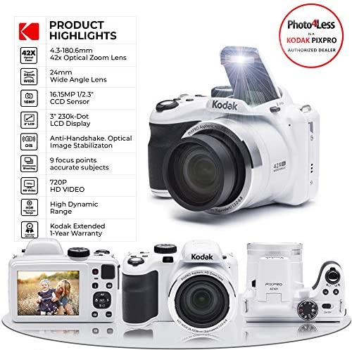 Kodak PIXPRO AZ421 Digital Camera (White) + Camera Case + Transcend 16GB SDHC Class10 UHS-I Card 400X Memory Card + USB Card Reader + Table Tripod + Accessories 3
