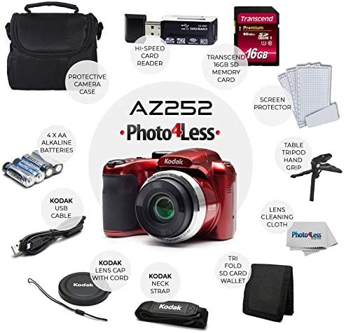 Kodak PIXPRO AZ252 Astro Zoom 16MP Digital Camera (Red) + Point & Shoot Camera Case + Transcend 16GB SDHC Class10 UHS-I Card 400X Memory Card + USB Card Reader + Table Tripod + Accessories 2