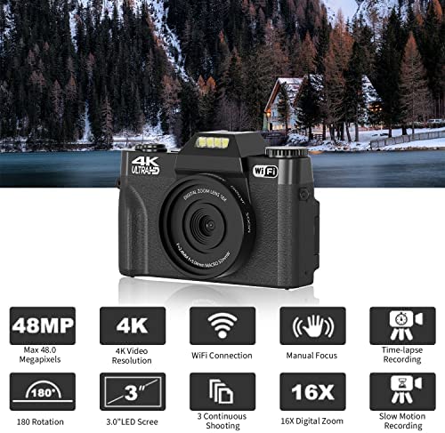 Digital Camera 4K 48MP WIKICO 16X Digital Zoom Vlogging Camera for Photography with WiFi, 3.0" IPS 180°Flip Screen, Wide Angle Lens, Macro Lens, 32GB SD Card, 2 Batteries (Straight Wide Angle Lens) 4