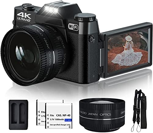 Digital Camera 4K 48MP WIKICO 16X Digital Zoom Vlogging Camera for Photography with WiFi, 3.0" IPS 180°Flip Screen, Wide Angle Lens, Macro Lens, 32GB SD Card, 2 Batteries (Straight Wide Angle Lens) 1