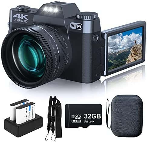 Digital Camera for Photography VJIANGER 4K 48MP Vlogging Camera for YouTube with WiFi, 16X Digital Zoom, 52mm Wide Angle & Macro Lens, 2 Batteries, 32GB TF Card, Camera Strap & Bag(Black) 1