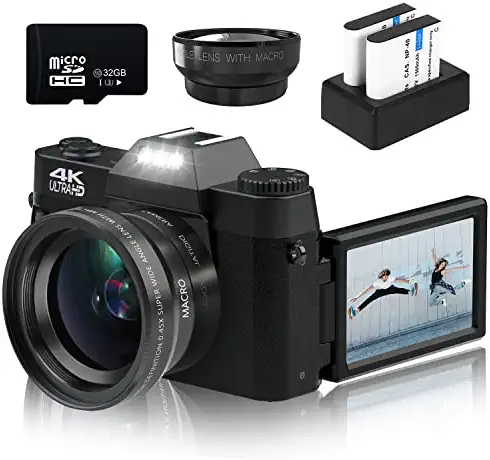 Digital Cameras for Photography, 4K 48MP Vlogging Camera 16X Digital Zoom Manual Focus Rechargeable Students Compact Camera with 52mm Wide-Angle Lens & Macro Lens, 32G Micro Card and 2 Batteries 1