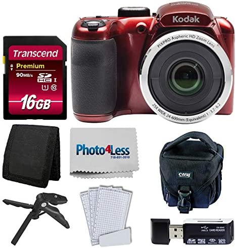 Kodak PIXPRO AZ252 Astro Zoom 16MP Digital Camera (Red) + Point & Shoot Camera Case + Transcend 16GB SDHC Class10 UHS-I Card 400X Memory Card + USB Card Reader + Table Tripod + Accessories 1