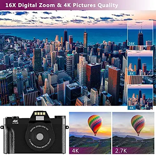 Vlogging Camera, 4K Digital Camera for YouTube with WiFi, 16X Digital Zoom, 180 Degree Flip Screen TopCam12 Zoom, 180 Degree Flip Screen, Wide Angle Lens, Macro Lens, 2 Batteries and 35GB TF Card 5