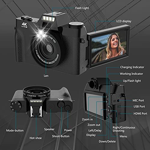 Vlogging Camera, 4K Digital Camera for YouTube with WiFi, 16X Digital Zoom, 180 Degree Flip Screen TopCam23 Zoom, 180 Degree Flip Screen, Wide Angle Lens, Macro Lens, 2 Batteries and 33GB TF Card 4