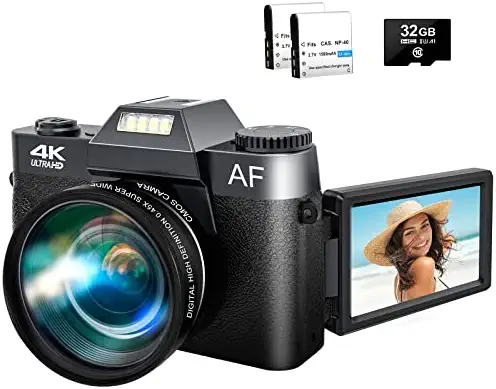 4K Digital Camera, 48MP Vlogging Camera with 3.0’’ 180 Degree Flip Screen, 16X Digital Zoom, Wide Angle Lens, Macro Lens, 2 Batteries and 32GB Micro SD Card 1