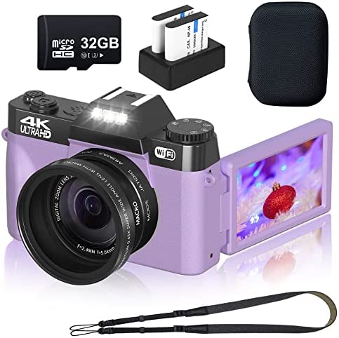 4K Digital Camera VJIANGER 48MP Vlogging Camera with Flip Screen, WiFi, Manualfocus, 16X Digital Zoom, 52mm Wide Angle & Macro Lens, 2 Batteries, 32GB TF Card, Camera Strap & Bag(Purple) 1