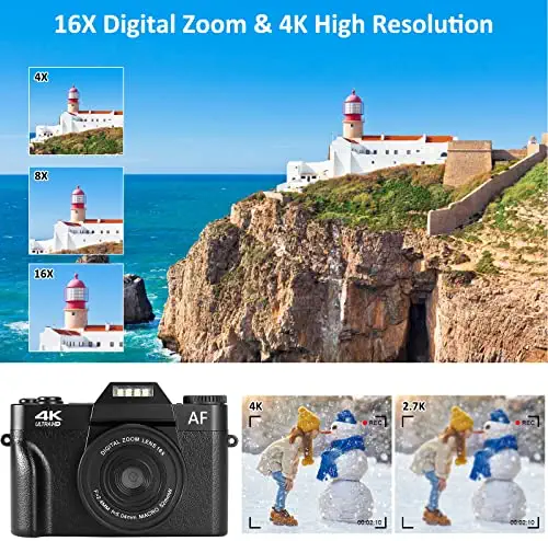 4K Digital Camera, 48MP Vlogging Camera with 3.0’’ 180 Degree Flip Screen, 16X Digital Zoom, Wide Angle Lens, Macro Lens, 2 Batteries and 32GB Micro SD Card 2