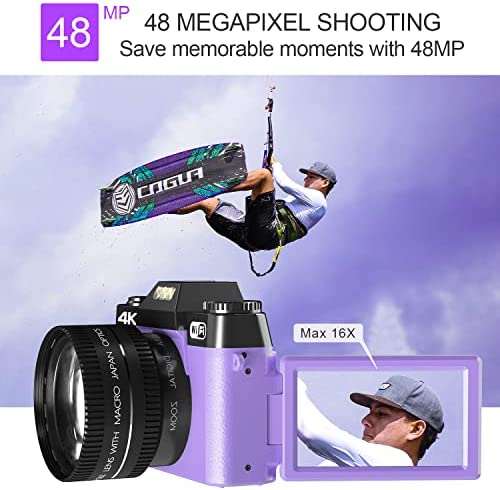 4K Digital Camera VJIANGER 48MP Vlogging Camera with Flip Screen, WiFi, Manualfocus, 16X Digital Zoom, 52mm Wide Angle & Macro Lens, 2 Batteries, 32GB TF Card, Camera Strap & Bag(Purple) 4
