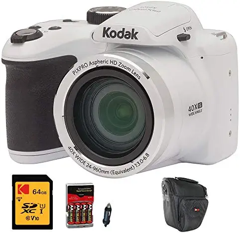 Kodak AZ401WH Digital Camera with 40X Zoom, O.I.S, Flash, & 3" LCD (White) with 64GB SD Card, Focus Holster Case, and Rapid AA/AAA Battery Charger with 4 AA Batteries Bundle 1