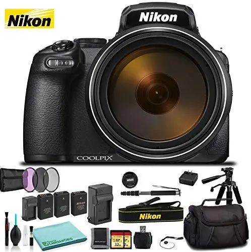 Nikon COOLPIX P 1000 Digital Camera 26522 Black - Kit with 2X Replacement Batteries + Extra Charger + 2X 32GB Memory Cards + Spare Battery + Monopod + More 1