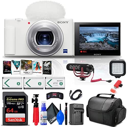Sony ZV-1 Digital Camera (White) (DCZV1/W) + Pro Mic + 64GB Memory Card + Corel Photo Software + 2 x NP-BX1 Battery + Card Reader + LED Light + HDMI Cable + Deluxe Soft Bag + Charger + More (Renewed) 1