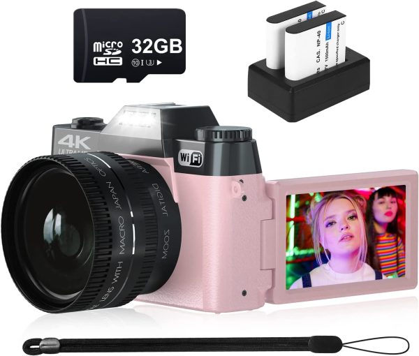 4K Digital Camera for Photography VJIANGER 48MP Vlogging Camera for YouTube with 3.0’’ 180° Flip Screen, WiFi, 16X Digital Zoom, Wide Angle & Macro Lens, 2 Batteries, 32GB Micro SD Card(W02-Pink30) 1