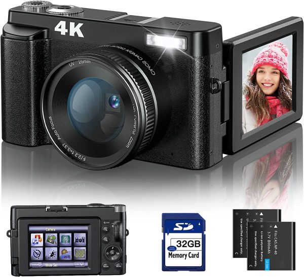 4K Digital Camera for Photography and Video [Autofocus & Anti-Shake] 48MP Vlogging Camera with SD Card, 3'' 180° Flip Screen Compact Camera with Flash, 16X Digital Zoom Travel Camera (2 Batteries) 1