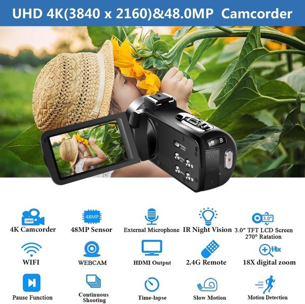 Video Camera Camcorder 4K 60FPS HD 48MP 18X Digital Camcorder 3.0'' HD Touch Screen Vlogging Camera for YouTube IR Night Vision Camcorder with Stabilizer, Remote Control, External Microphone 2
