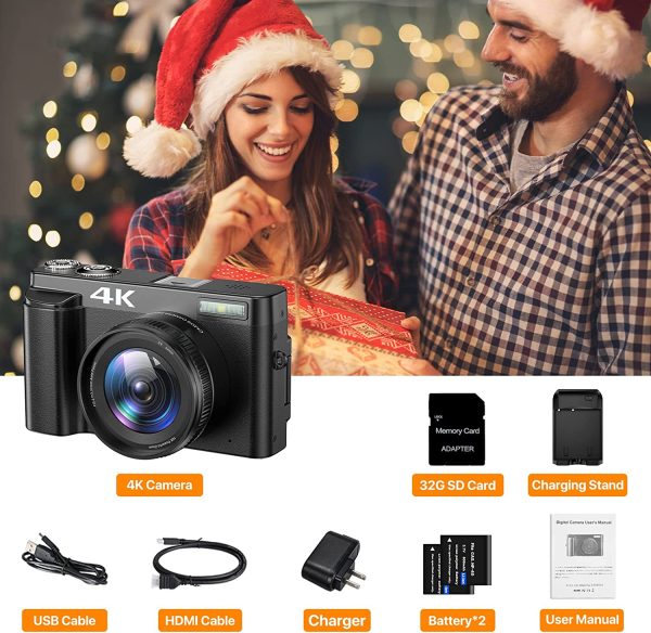 Vlogging Camera, 4K Digital Camera for YouTube Autofocus 16X Digital Zoom 48MP Video Cameras for Photography with 32GB SD Card, 180 Degree 3.0 inch Flip Screen, 2 Batteries and Charging Stand 6