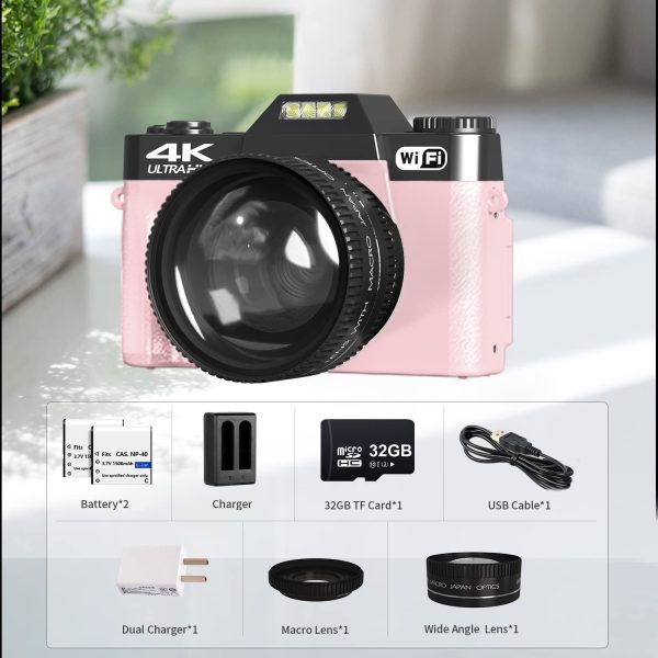 4K Digital Camera for Photography VJIANGER 48MP Vlogging Camera for YouTube with 3.0’’ 180° Flip Screen, WiFi, 16X Digital Zoom, Wide Angle & Macro Lens, 2 Batteries, 32GB Micro SD Card(W02-Pink30) 2