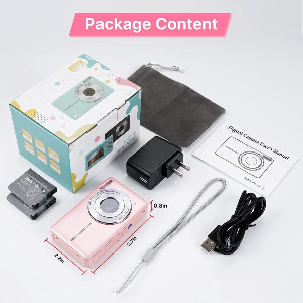 Digital Camera, Kids Camera with 32GB Card FHD 1080P 44MP Vlogging Camera with LCD Screen 16X Zoom Compact Portable Mini Rechargeable Camera Gifts for Students Teens Adults Girls Boys-Pink 7