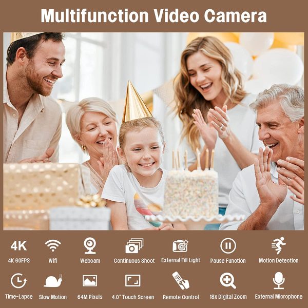 Video Camera Camcorder, 4K Video Camera for YouTube Auto Focus 64MP 60FPS 4.0" Touch Screen 18X Zoom Digital Camera with WIFI, Microphone, Handhold Stabilizer, 64G SD Card, Fill Light, Remote Control 7