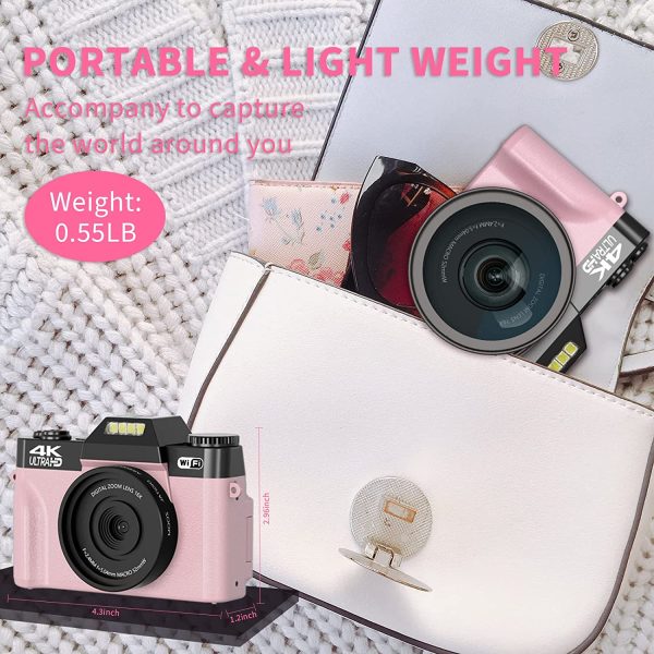 4K Digital Camera for Photography VJIANGER 48MP Vlogging Camera for YouTube with 3.0’’ 180° Flip Screen, WiFi, 16X Digital Zoom, Wide Angle & Macro Lens, 2 Batteries, 32GB Micro SD Card(W02-Pink30) 6