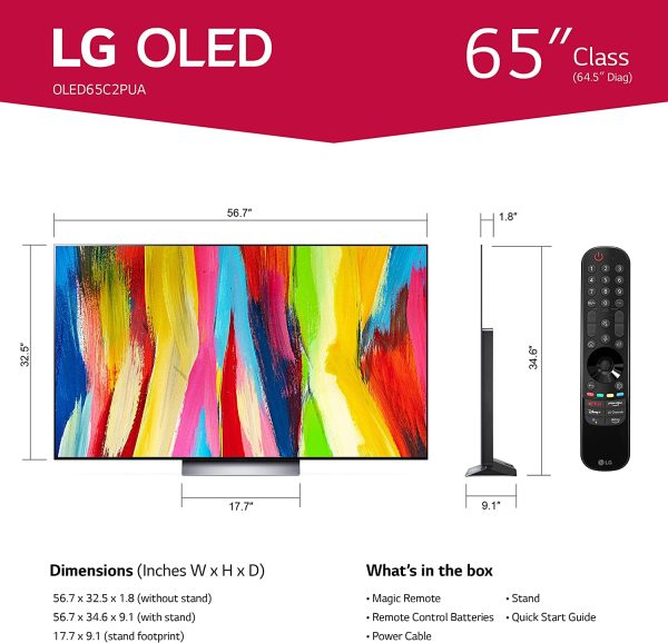 LG 65-Inch Class OLED evo C2 Series Alexa Built-in 4K Smart TV, 120Hz Refresh Rate, AI-Powered 4K, Dolby Vision IQ and Dolby Atmos, WiSA Ready, Cloud Gaming (OLED65C2PUA, 2022) (Renewed) 2