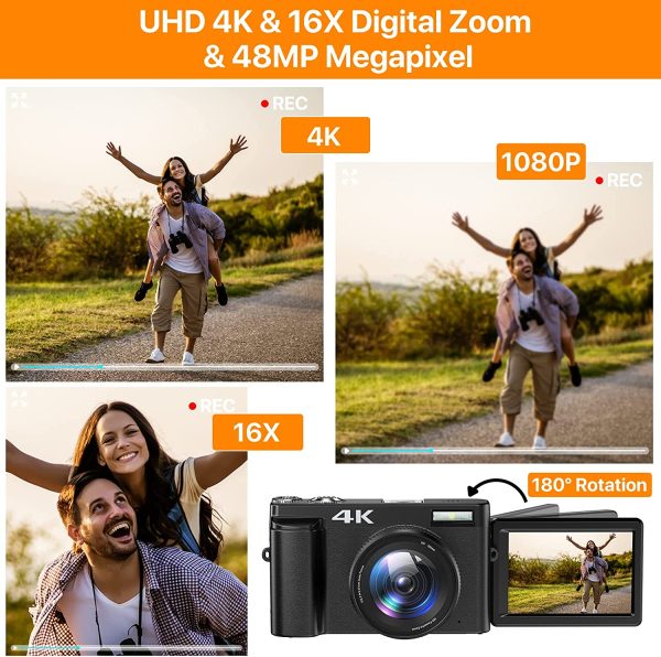 Vlogging Camera, 4K Digital Camera for YouTube Autofocus 16X Digital Zoom 48MP Video Cameras for Photography with 32GB SD Card, 180 Degree 3.0 inch Flip Screen, 2 Batteries and Charging Stand 3