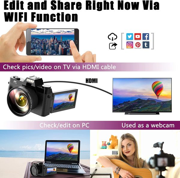 Vlogging Camera, 4K Digital Camera for YouTube with WiFi, 16X Digital Zoom, 180 Degree Flip Screen, Wide Angle Lens, Macro Lens, 2 Batteries and 32GB TF Card TopCamA07 6