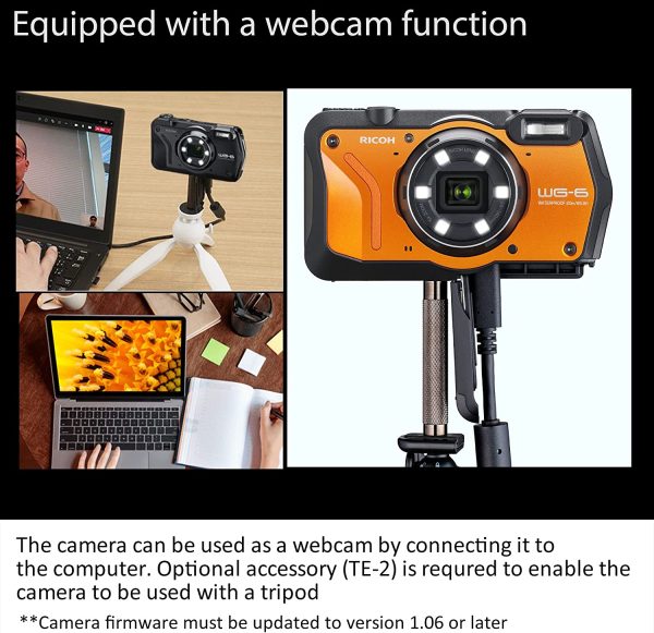 RICOH WG-6 Webcam Black Waterproof Camera 20MP Higher Resolution Images 3-inch LCD Waterproof 20m Shockproof 2.1m Underwater Mode 6-LED Ring Light for Macro Photography 3