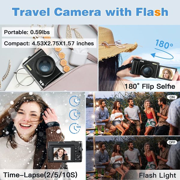 4K Digital Camera for Photography and Video [Autofocus & Anti-Shake] 48MP Vlogging Camera with SD Card, 3'' 180° Flip Screen Compact Camera with Flash, 16X Digital Zoom Travel Camera (2 Batteries) 6