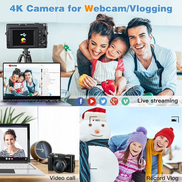 4K Digital Camera for Photography and Video [Autofocus & Anti-Shake] 48MP Vlogging Camera with SD Card, 3'' 180° Flip Screen Compact Camera with Flash, 16X Digital Zoom Travel Camera (2 Batteries) 5