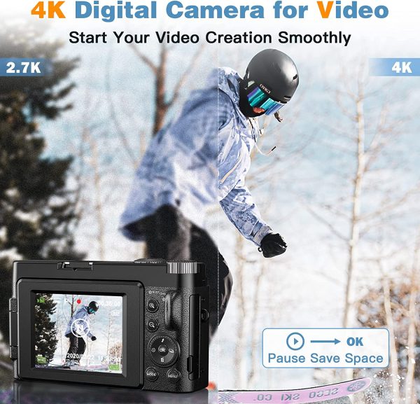 4K Digital Camera for Photography and Video [Autofocus & Anti-Shake] 48MP Vlogging Camera with SD Card, 3'' 180° Flip Screen Compact Camera with Flash, 16X Digital Zoom Travel Camera (2 Batteries) 2