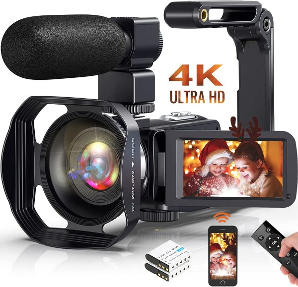 Camcorder Video Camera 4K Ultra HD 48MP IR Night Version Vlogging Camera 3.0 Inch Touch Screen 18X Zoom WiFi Digital Camera YouTube Recorder Camera with Microphone,2.4G Remote Control,Lens Hood 1