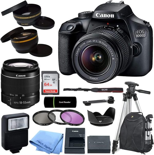 Canon EOS 4000D / Rebel T100 DSLR Camera with EF-S 18-55mm Zoom Lens + SanDisk 64GB Memory Card + Tripod + Case + Wideangle Lenses + Rtech Digital Cloth (20pc Bundle), Black, cn4000d bundle (Renewed) 1