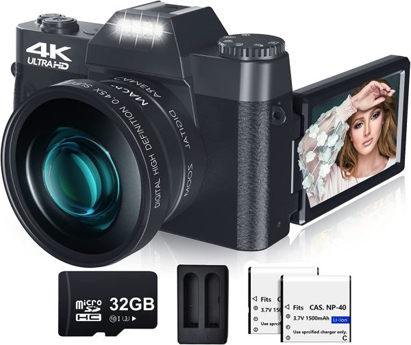 Digital Camera for Photography and Video VJIANGER 4K 48MP Vlogging Camera for YouTube with 180° Flip Screen,16X Digital Zoom,52mm Wide Angle & Macro Lens, 32GB TF Card, 2 Batteries (W01-Black) 1