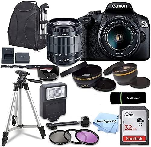 EOS 2000D / Rebel T7 DSLR Camera with EF-S 18-55mm Zoom Lens + SanDisk 32GB Memory Card + Tripod + Case + Wideangle Lenses + Rtech Digital Cloth (20pc Bundle), Black, cn2000d Bundle 1