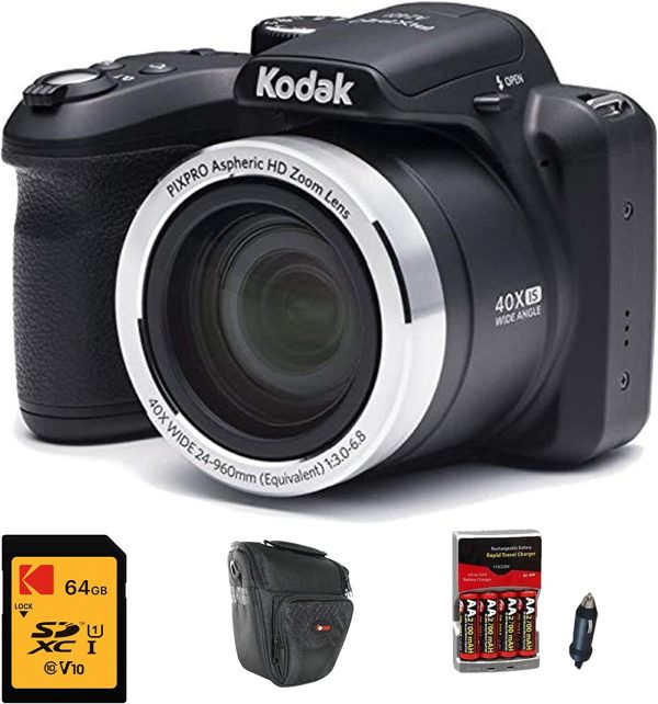 Kodak AZ401BK Digital Camera with 40X Zoom, O.I.S, Flash, & 3" LCD (Black) with 64GB SD Card, Focus Holster Case, and Rapid AA/AAA Battery Charger with 4 AA Batteries Bundle 1