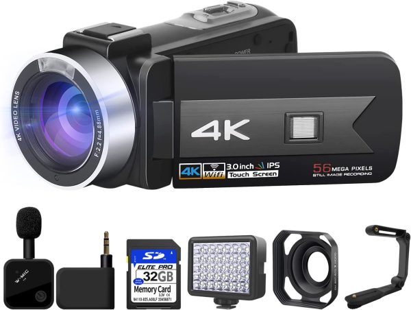 Video Camera 4K Camcorder 56MP Video with Wireless Microphone 16× Digital Zoom Digital Camera YouTube Camera 3’’ Touch Screen with 2.4G Remote Control, 32G SD Card 1