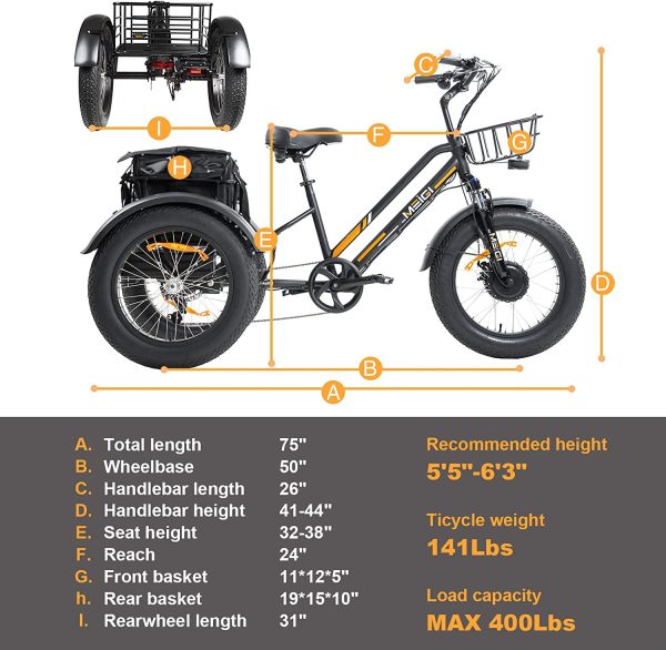 DWMEIGI 3 Wheel Electric Bike for Adult with 750W Motor, 48V 18.2AH Removable Lithium Battery, 20"*4.0 Fat Tire Tricycles for Men Women with Front & Rear Baskets, 7 Speed 2