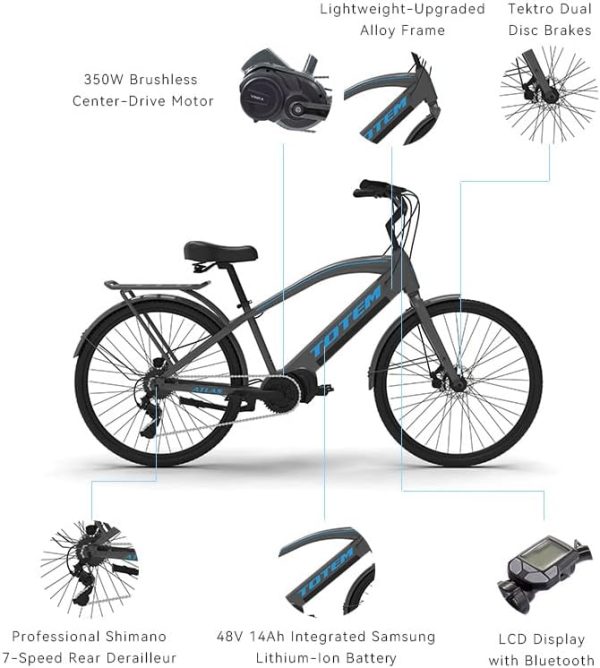 Totem Atlas 350W Electric Beach Cruiser Bike 26", 48V 14 Ah Integrated Removable Samsung Battery Electric Bicycles, Shimano 7-Speed Gears E-Bikes for Adults 3