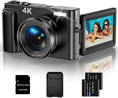 4K Digital Camera for Photography and Video Autofocus 48MP Vlogging Camera for YouTube Compact Camera 16X Digital Zoom with Flash 180 Degree 3.0 inch Flip Screen, 32G SD Card, 2 Batteries & Charger 1