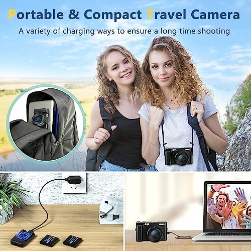 4K Digital Camera for Photography Autofocus, 48MP Vlogging Camera with SD Card Anti-Shake, 3'' 180° Flip Screen Compact Video Camera for Travel, 16X Zoom Digital Camera for Teens with Flash 4