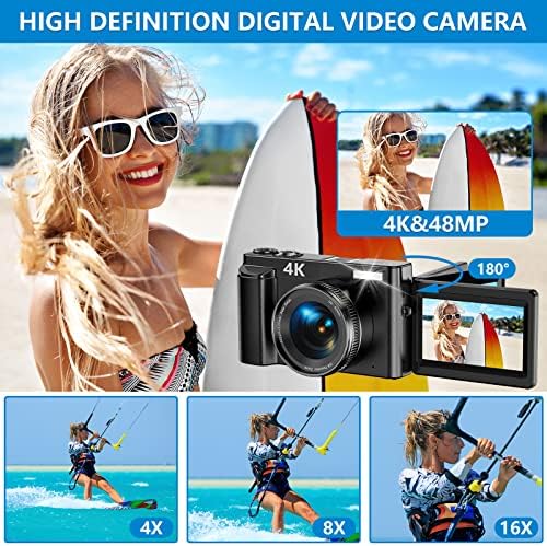 4K Digital Camera for Photography and Video Autofocus 48MP Vlogging Camera for YouTube Compact Camera 16X Digital Zoom with Flash 180 Degree 3.0 inch Flip Screen, 32G SD Card, 2 Batteries & Charger 2
