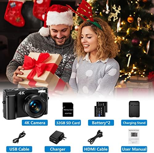 4K Digital Camera for Photography and Video Autofocus 48MP Vlogging Camera for YouTube Compact Camera 16X Digital Zoom with Flash 180 Degree 3.0 inch Flip Screen, 32G SD Card, 2 Batteries & Charger 7