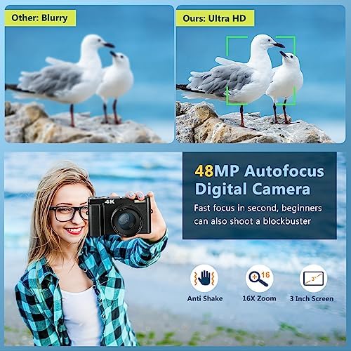 4K Digital Camera for Photography Autofocus, 48MP Vlogging Camera with SD Card Anti-Shake, 3'' 180° Flip Screen Compact Video Camera for Travel, 16X Zoom Digital Camera for Teens with Flash 3