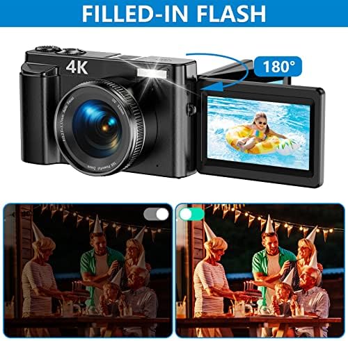 4K Digital Camera for Photography and Video Autofocus 48MP Vlogging Camera for YouTube Compact Camera 16X Digital Zoom with Flash 180 Degree 3.0 inch Flip Screen, 32G SD Card, 2 Batteries & Charger 5