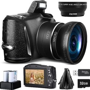 Acoletty 4K Digital Camera for YouTube, 48MP Vlogging Camera, 16X Digital Zoom, 3.0" IPS 30FPS 180° Flip Screen TopCam32 Zoom, 52mm Wide Angle Lens, Macro Lens, 2 Batteries and 32GB TF Card 10