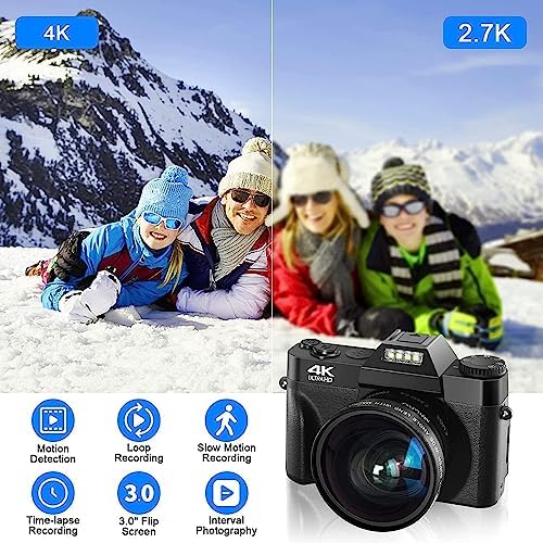 Acoletty 4K Digital Camera for YouTube, 48MP Vlogging Camera, 16X Digital Zoom, 3.0" IPS 30FPS 180° Flip Screen TopCam32 Zoom, 52mm Wide Angle Lens, Macro Lens, 2 Batteries and 32GB TF Card 3