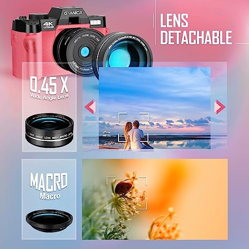 G-Anica 4K Digital Cameras for Photography, 48MP Vlogging Camera for YouTube with Microphone, WiFi and Tripod Grip, Video Camera with Wide-Angle&Macro Lens, Content Creator Kit & Travel Camera（Pink） 4